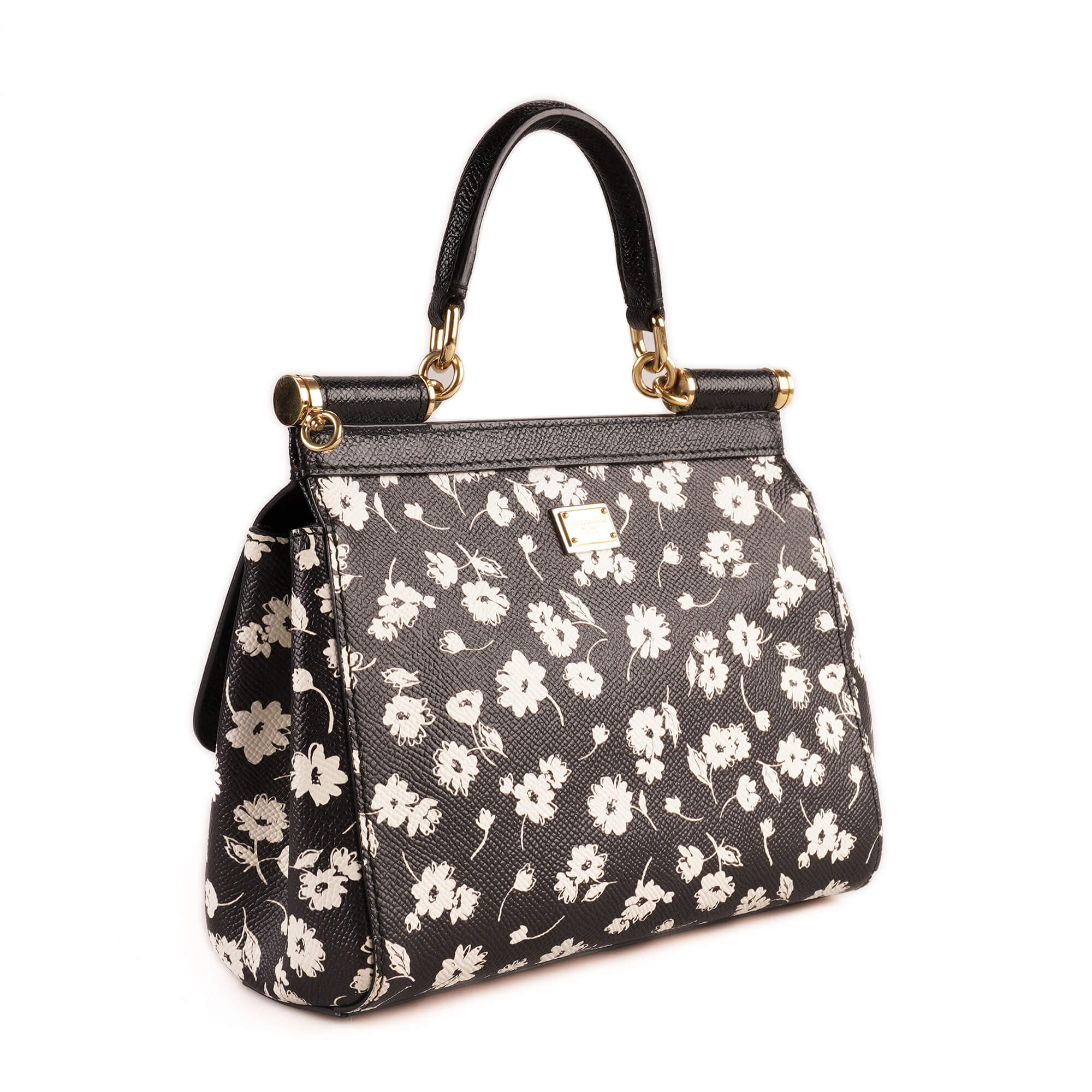 Dolce Gabbana - Black Leather Floral Print Mini Sicily Bag 